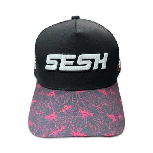 SESH Bloom Hibiscus Trucker Hat (Black/Pink)