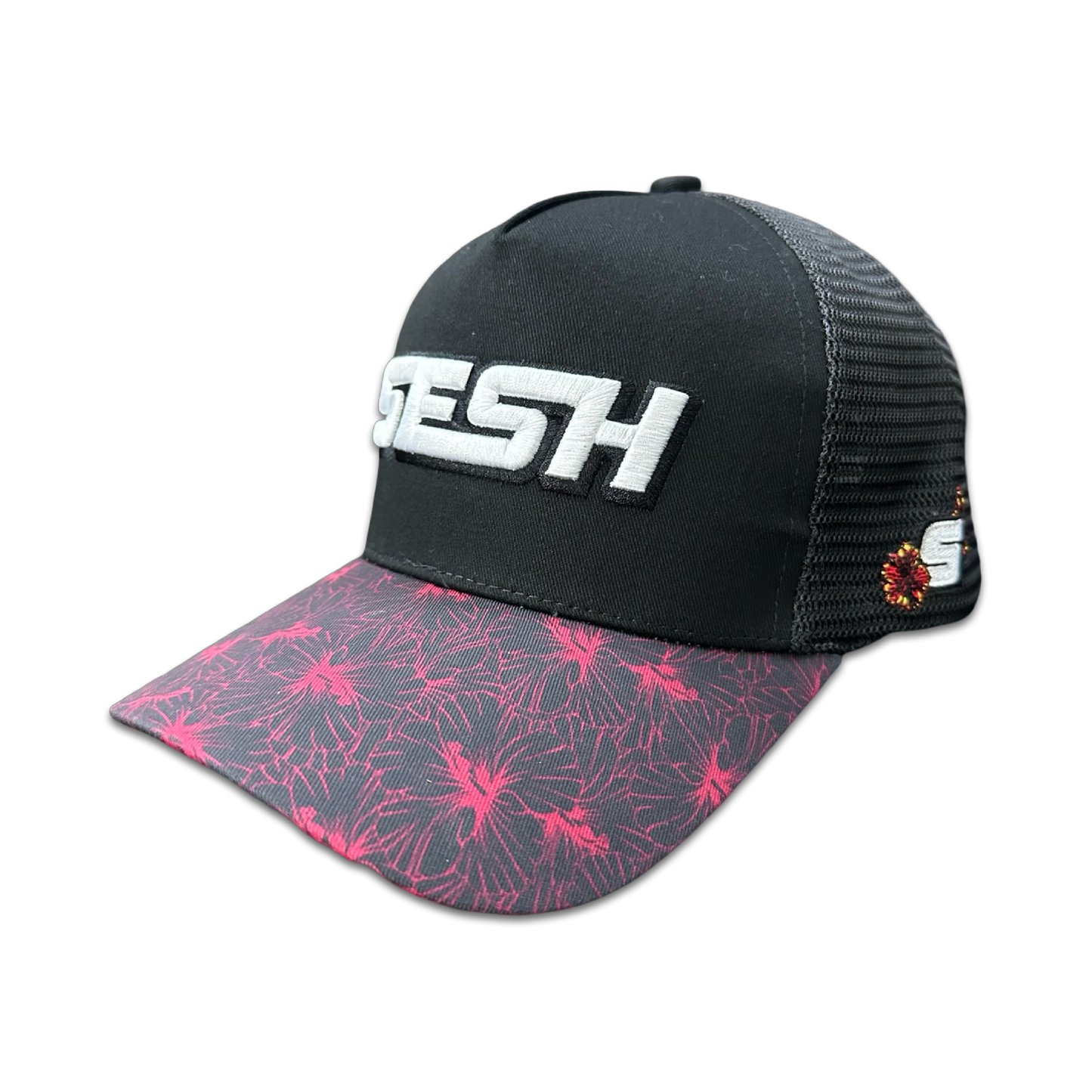 SESH Bloom Hibiscus Trucker Hat (Black/Pink)
