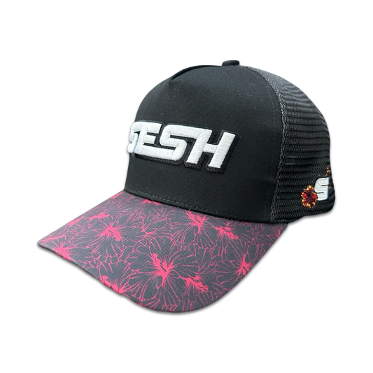 SESH Bloom Hibiscus Trucker Hat (Black/Pink)